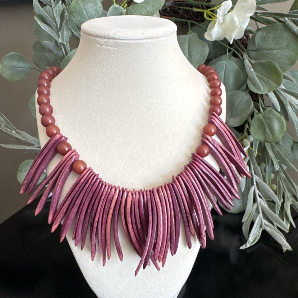 Karla Jordan Signed Burgundy Wood Statement Fringe Necklace